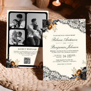 Convites Rosas Preto Dourado Renda Creme Código QR Casament