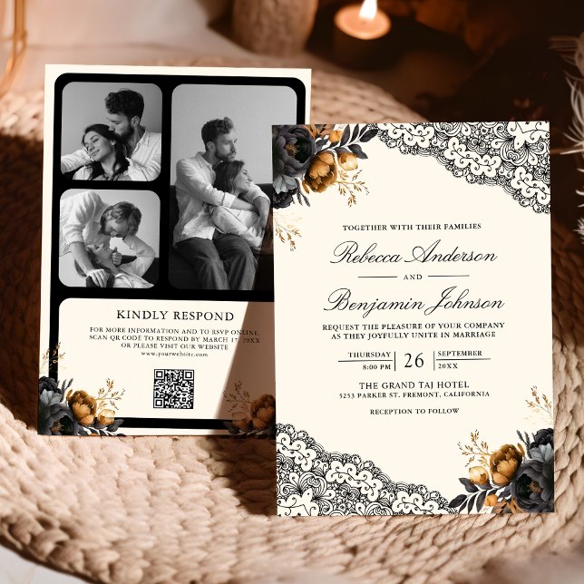 Convites Rosas Preto Dourado Renda Creme Código QR Casament (Criador carregado)