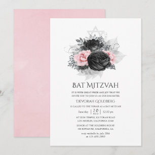 Convites Rosas preto rosa e prata, Bat Mitzvah