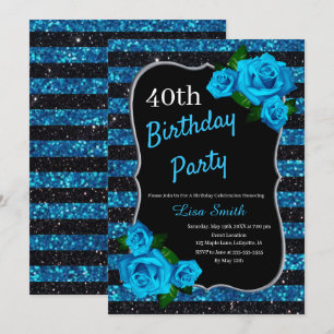 Convites Rosas pretos do azul do brilho das listras azuis