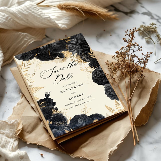 Convites Rosas Pretos Dourados com Aquarela Salvar a Data (Criador carregado)