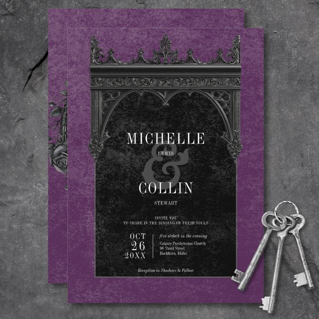 Convites Rosas Pretos Duplos e Pretos Góticos Roxo (Gothic Black Double Arch & Black Roses Purple Invitation)