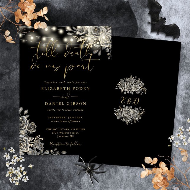 Convites Rosas Pretos E Dourados Luzes Florais Casamento Gó (Black And Gold Roses Floral Lights Gothic Wedding Invitation)
