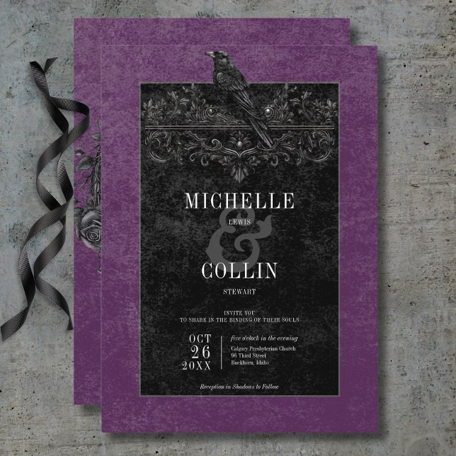 Convites Rosas Pretos Góticos Raven e Negra Casamento Roxo (Gothic Black Raven & Black Roses Purple Wedding Invitation)