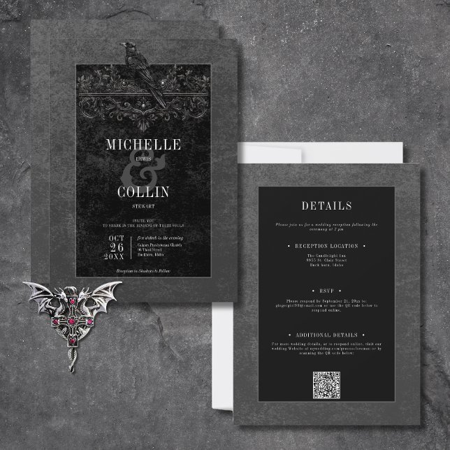 Convites Rosas Pretos Góticos, Raven e Pretos Dois Lados (Gothic Black Raven & Black Roses All In One Invitation)
