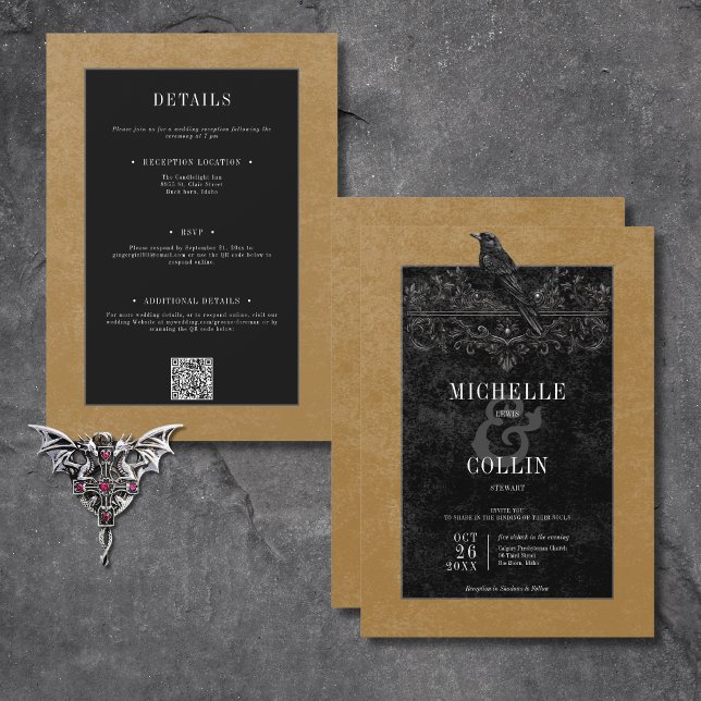 Convites Rosas Pretos Góticos Raven e Pretos Dourados Dois  (Gothic Black Raven & Black Roses Gold All In One Invitation)