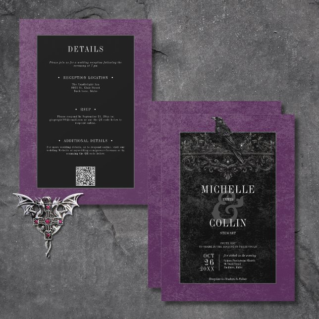 Convites Rosas Pretos Góticos Raven e Pretos Roxos Dois Lad (Gothic Black Raven & Black Roses Purple All In One Invitation)