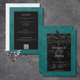 Convites Rosas Pretos Góticos Raven e Pretos Teal Dois Lado
