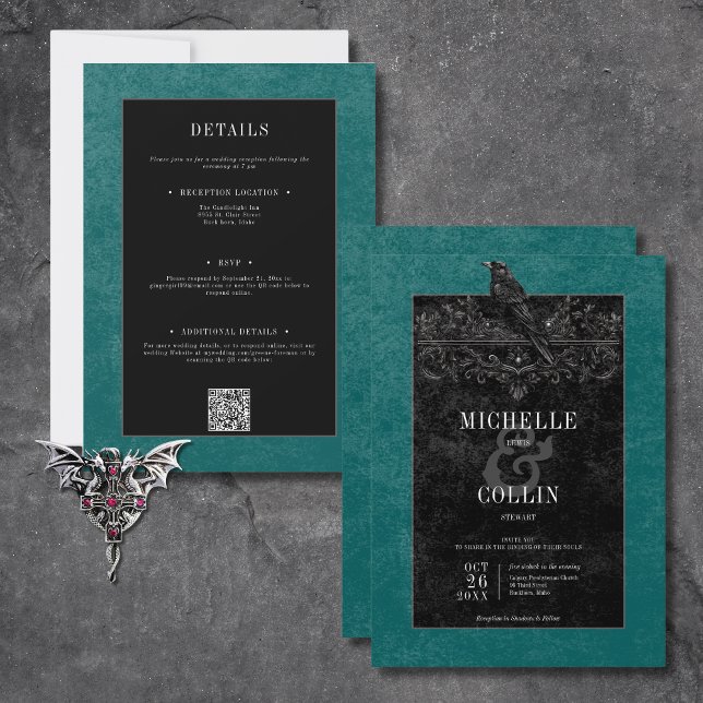 Convites Rosas Pretos Góticos Raven e Pretos Teal Dois Lado (Gothic Black Raven & Black Roses Teal All In One Invitation)