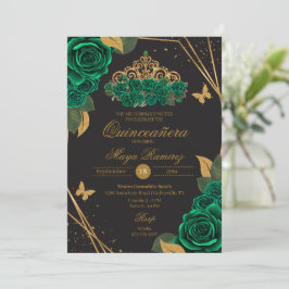 Convites Rosas Pretos Verdes Tiara Dourada Glitter Quinceañ
