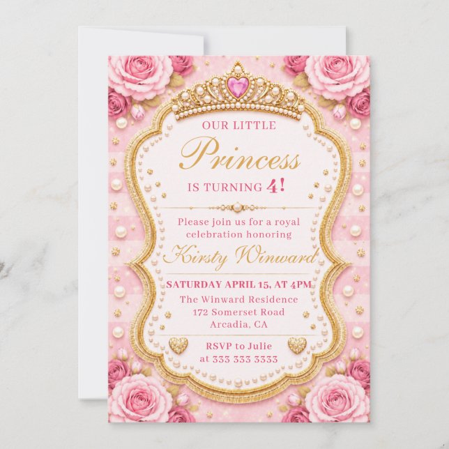 Convites Rosas Princesas de Ouro Rosa Elegante Aniversário  (Frente)