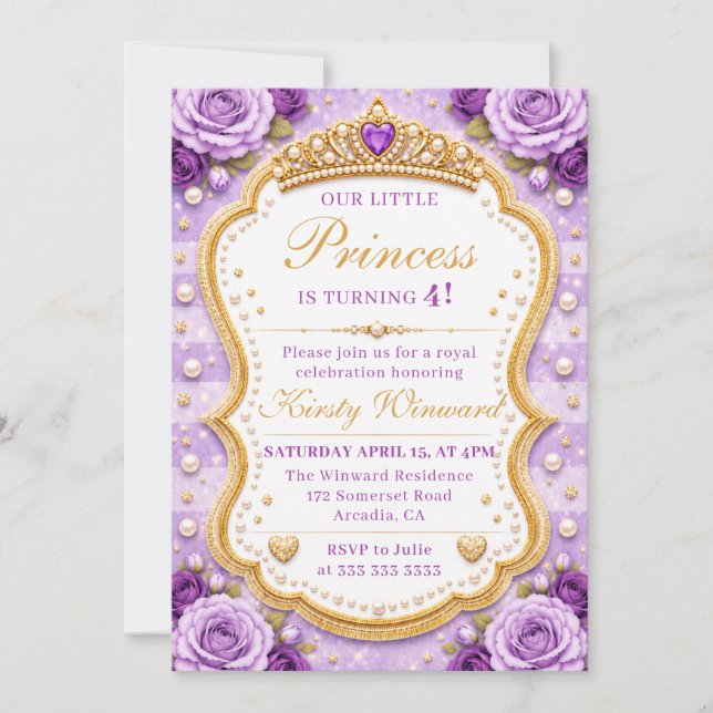 Convites Rosas Princesas Douradas Roxas Elegantes Aniversár (Frente)