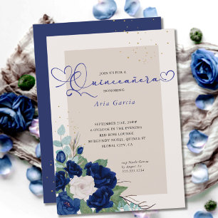 Convites Rosas Real Azul e Marfim Quinceanera Elegante