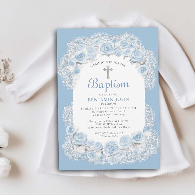 Convites Rosas Respiração de Bebê Batismo Elegante Branco A (boy baby baptism invitation christening elegant classy floral frame roses babys breath religious)