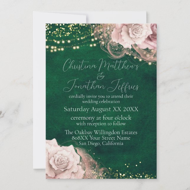 Convites Rosas Românticas em Aquarela em Casamento Verde Es (Frente)