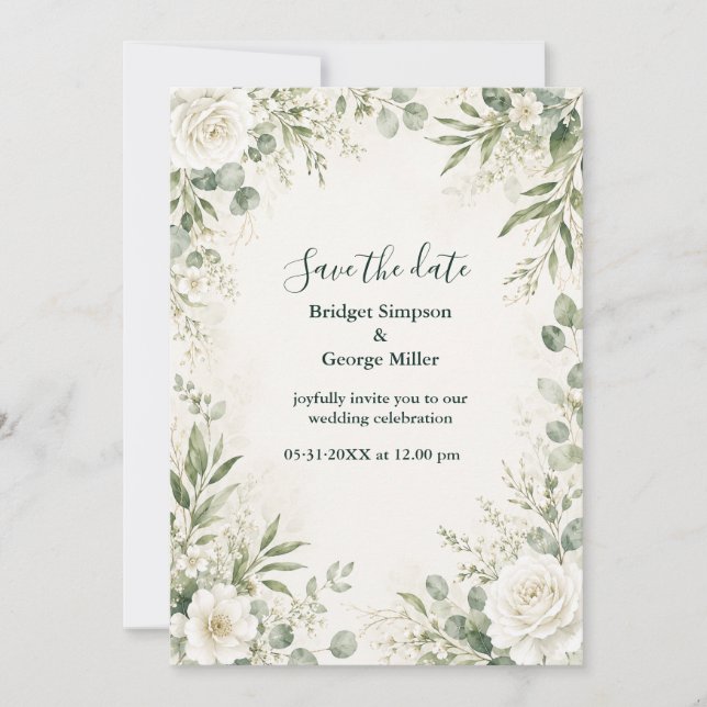 Convites Rosas Românticas Eucalipto Floral de Casamento (Frente)