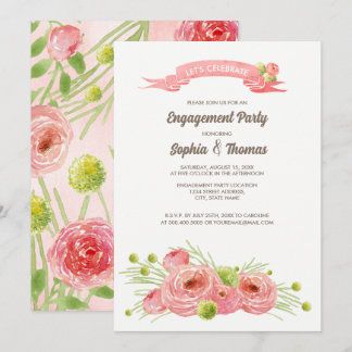 Convites Rosas Românticas Festa de noivado de Aquarela