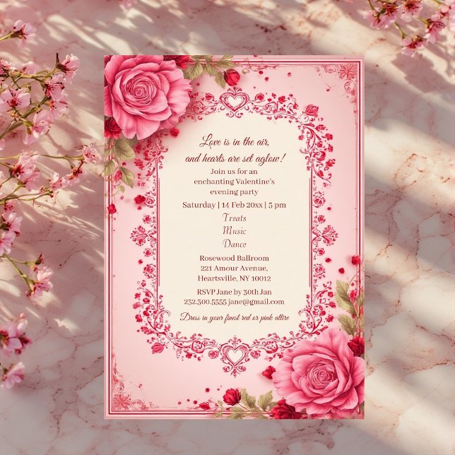 Convites Rosas Românticas Motivos de Coração Rosa Festa de  (Romantic Roses Pink Heart Motifs Valentine Party Invitation)
