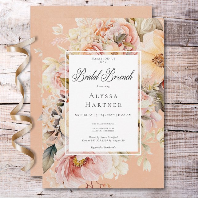 Convites Rosas Românticos Rosa e Blush Peach Bridal Brunch (Romantic Pink & Blush Roses Peach Bridal Brunch Invitation)
