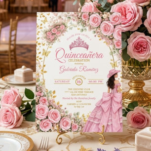 Convites Rosas Rosa Aquarela Borboleta Dourada Quinceañera