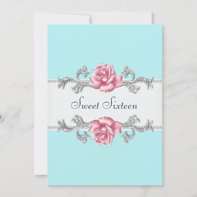 Convites Rosas Rosa Azul Teal Doce 16 Festas de aniversário (Frente)