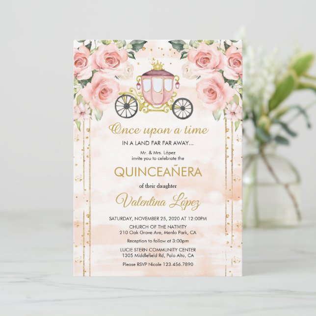 Convites Rosas Rosa Bebidas Princesa Cinderela Quinceañera (Em pé/Frente)