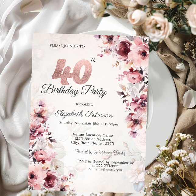 Convites Rosas Rosa Bege 40º Aniversário (Criador carregado)