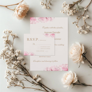 Convites Rosas Rosa Bege Dourado Floral Casamento RSVP