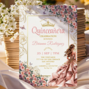 Convites Rosas Rosa Bege Dourado Quinceañera 