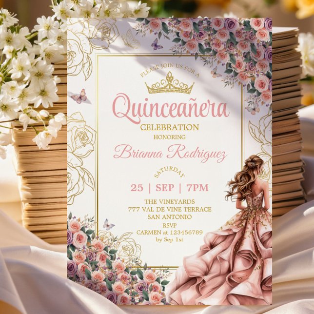 Convites Rosas Rosa Bege Dourado Quinceañera  (Criador carregado)