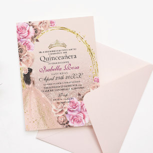 Convites Rosas Rosa Bege e Douradas Elegante Quinceanera