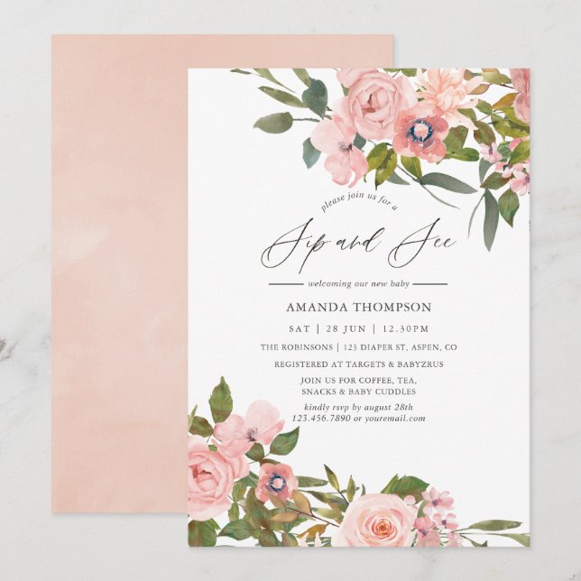 Convites Rosas Rosa Bege e Dourado Rosa para Chá de Bebê (Frente/Verso)
