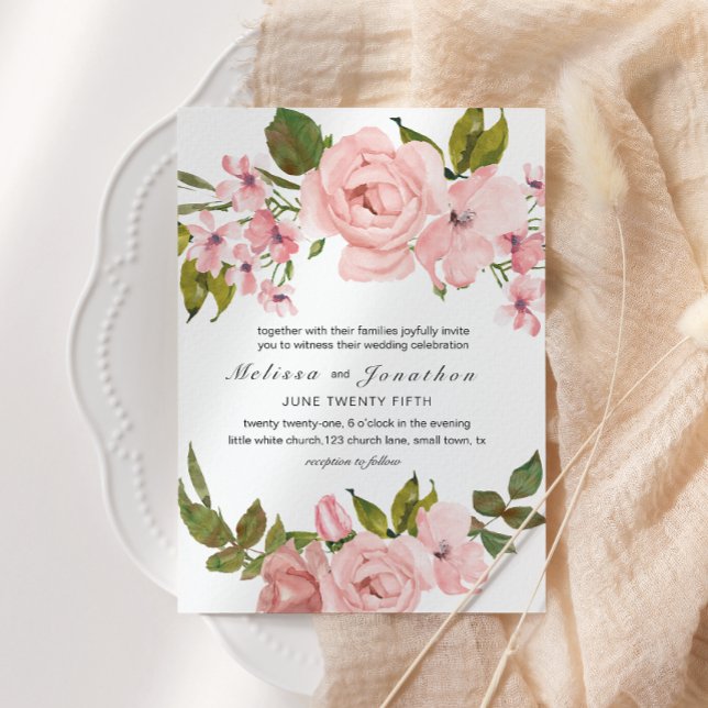 Convites Rosas Rosa Bege Elegante Casamento Floral (Criador carregado)