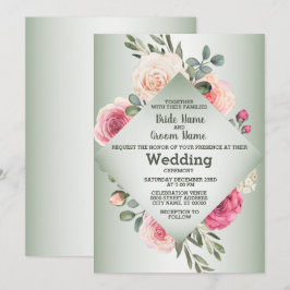 Convites Rosas Rosa Bege Geométrico Verde Rústico Casamento