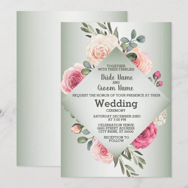 Convites Rosas Rosa Bege Geométrico Verde Rústico Casamento (Frente/Verso)