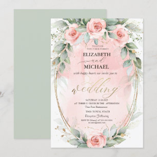 Convites Rosas Rosa Bege Moldura Dourada Casamento