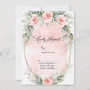 Convites Rosas Rosa Bege Moldura Dourada Casamento RSVP