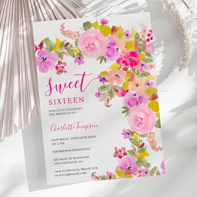 Convites Rosas rosa boêmicas flores silvestres primavera do (Bohemian pink roses wildflowers spring sweet 16 invitation)