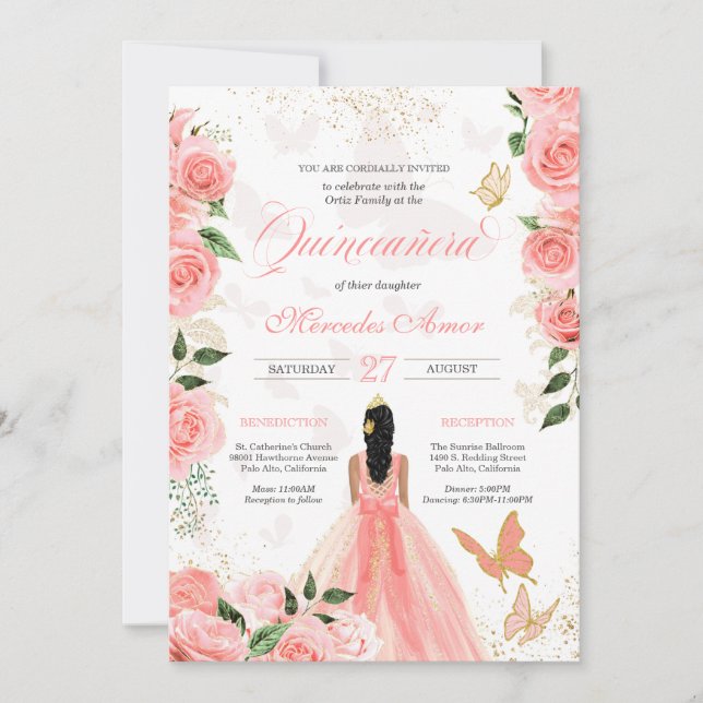Convites Rosas Rosa Borboleta Mariposa Quinceanera Invitati (Frente)