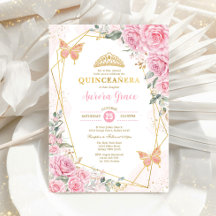 Rosas Rosa Borboleta Quinceañera Dourada Geométric