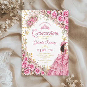 Convites Rosas Rosa Brilhante Aquarela Dourado Quinceañera