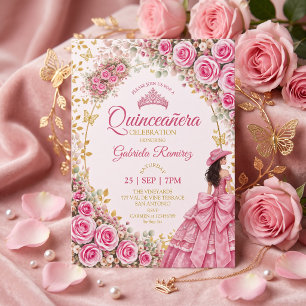 Convites Rosas Rosa Brilhante Aquarela Dourado Quinceañera