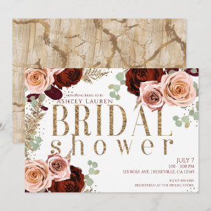 Convites Rosas Rosa Burgundy Dourado Branco Chá de Noiva