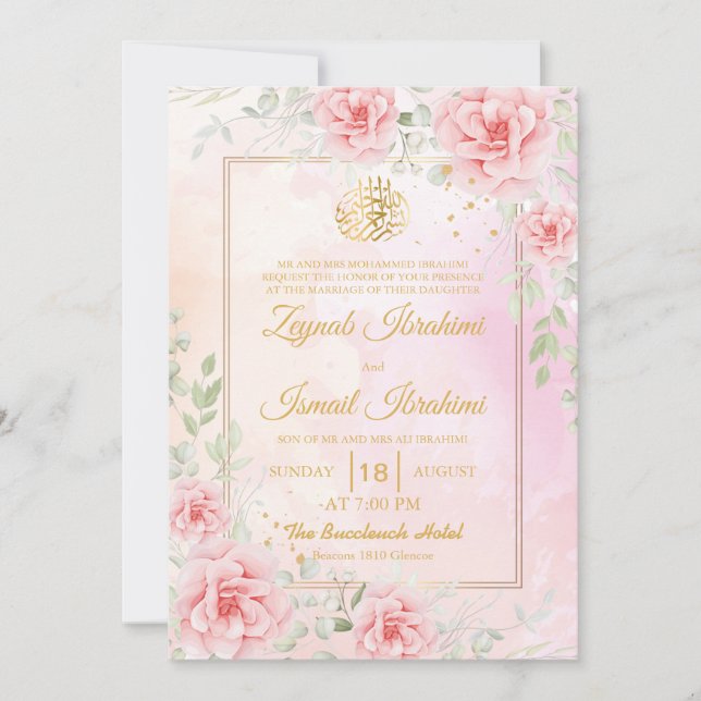 Convites Rosas Rosa, Casamento Muçulmano Islâmico Dourado F (Frente)