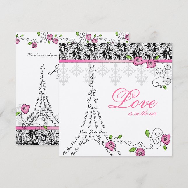 Convites Rosas Rosa-Convite de casamento de Paris Preto-Pre (Frente/Verso)