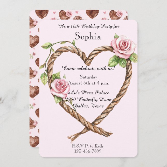 Convites Rosas Rosa Coração Floral 16.º Aniversário (Frente/Verso)