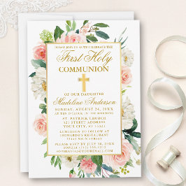 Convites Rosas Rosa-D-Água Flores Primeira Comunhão Dourada