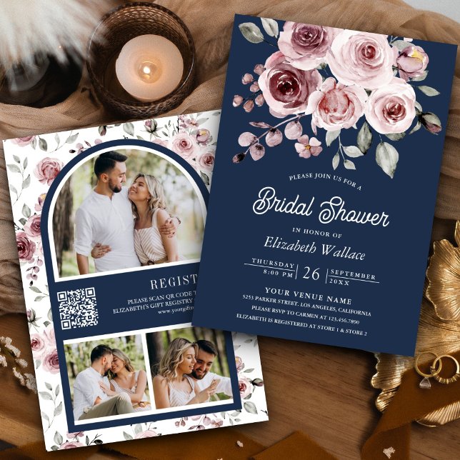 Convites Rosas Rosa Desbotado Código QR de Foto Bridal Show (Criador carregado)