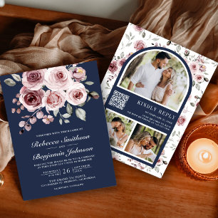 Convites Rosas Rosa Desbotado Foto Código QR Azul Marinho C