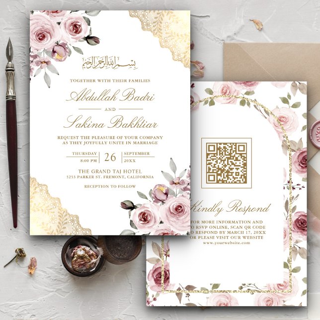 Convites Rosas Rosa Desbotado Renda Dourada Código QR Casam (Criador carregado)
